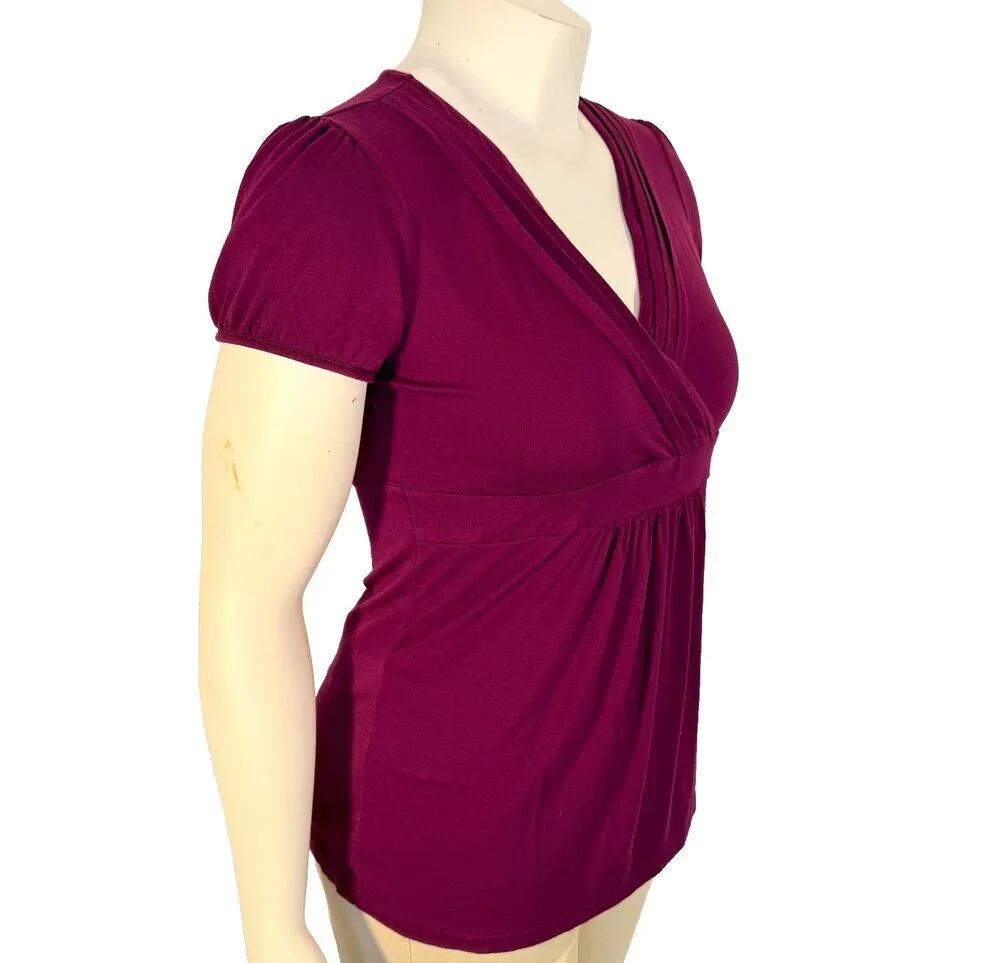 LOFT Peplum Top Blouse Women's Size M Purple Fuschia Wrap V-Neck Short Sleeve